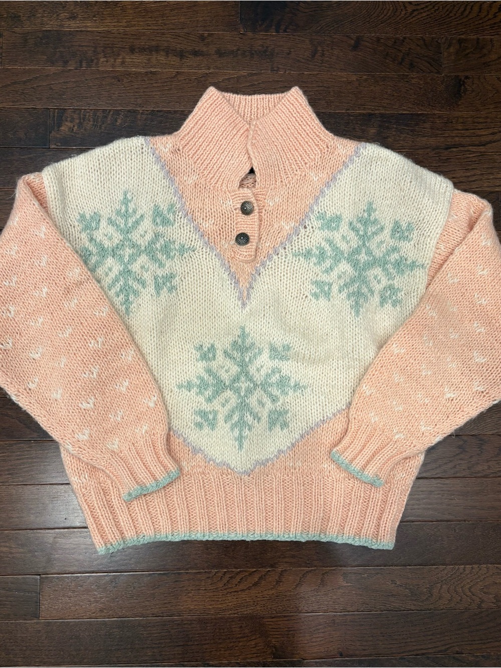 Vintage Liz Sport Ski Sweater Mock Neck Snowflake Pastel Pink M 90s Apres Ski